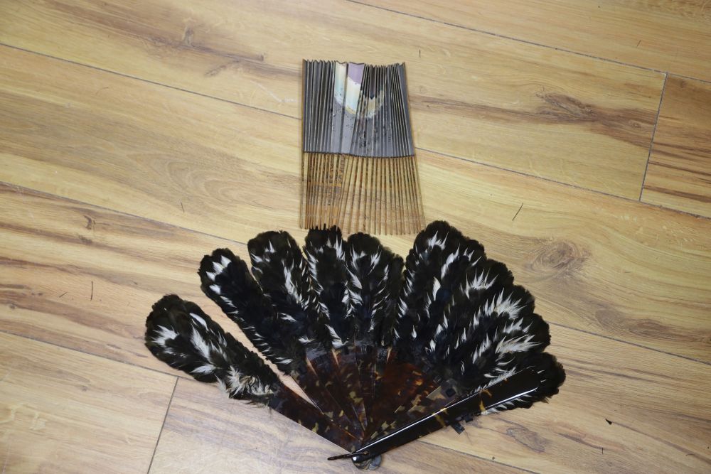 A tortoiseshell and feather fan, a sequin fan, an Oddeninos advertising fan, two others, a 1915 commemorative handkerchief and miscell